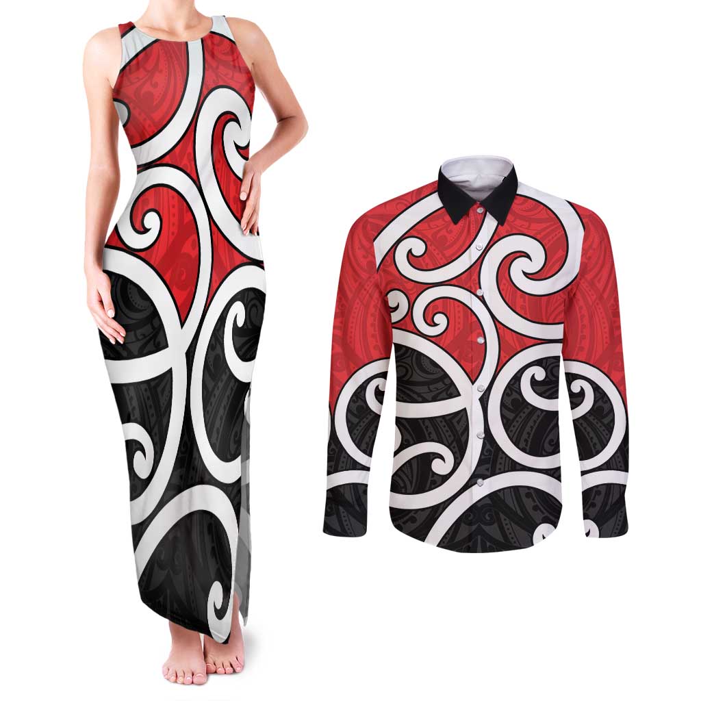 New Zealand Couples Matching Tank Maxi Dress and Long Sleeve Button Shirt Maori Koru Tino Rangatiratanga Color - Aussie Hoodie