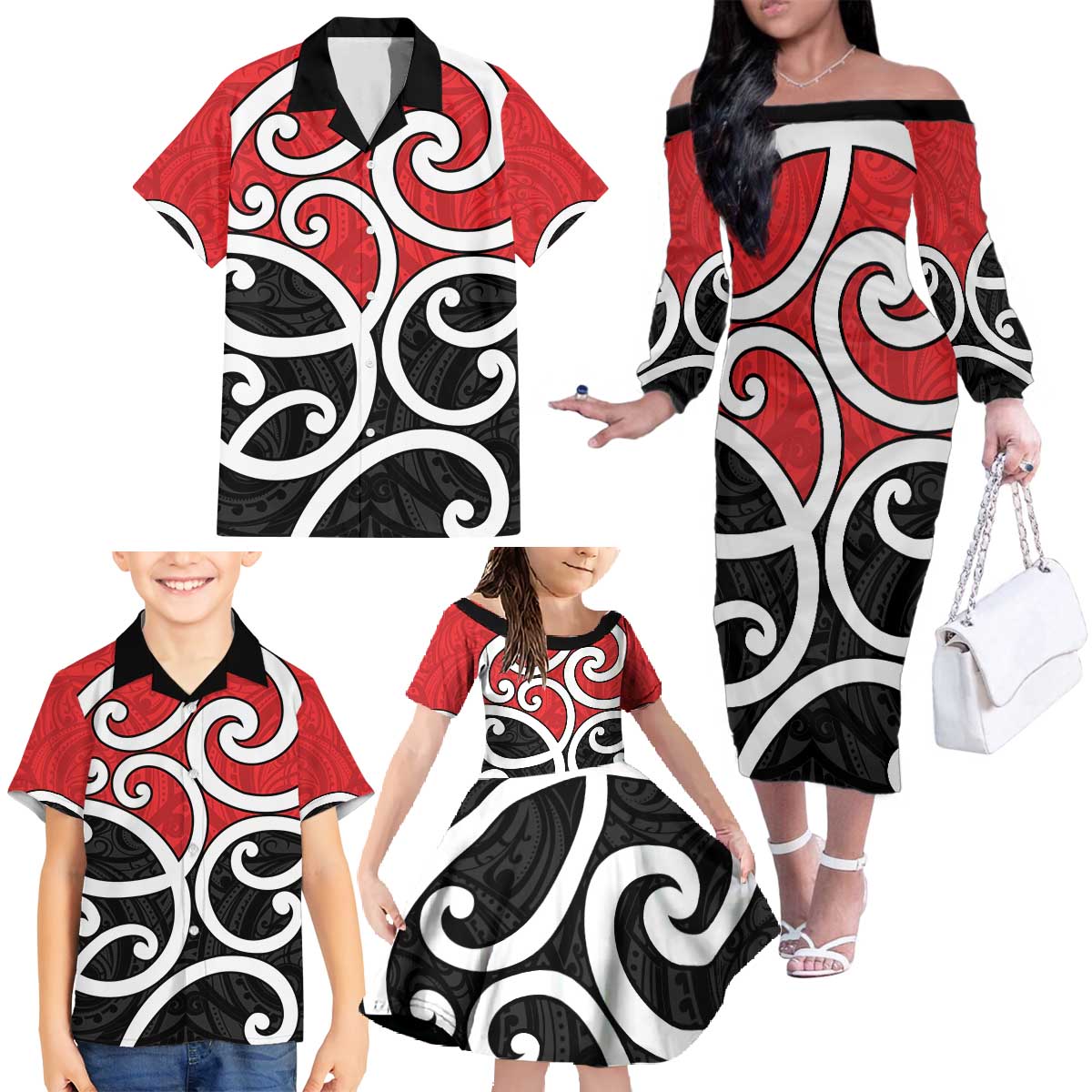 New Zealand Family Matching Off The Shoulder Long Sleeve Dress and Hawaiian Shirt Maori Koru Tino Rangatiratanga Color - Aussie Hoodie