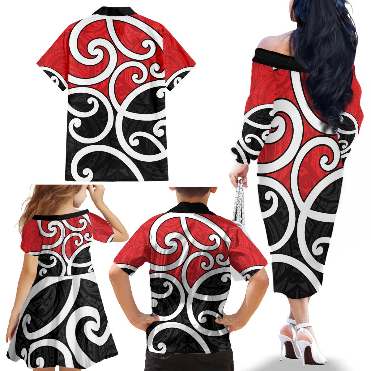 New Zealand Family Matching Off The Shoulder Long Sleeve Dress and Hawaiian Shirt Maori Koru Tino Rangatiratanga Color - Aussie Hoodie