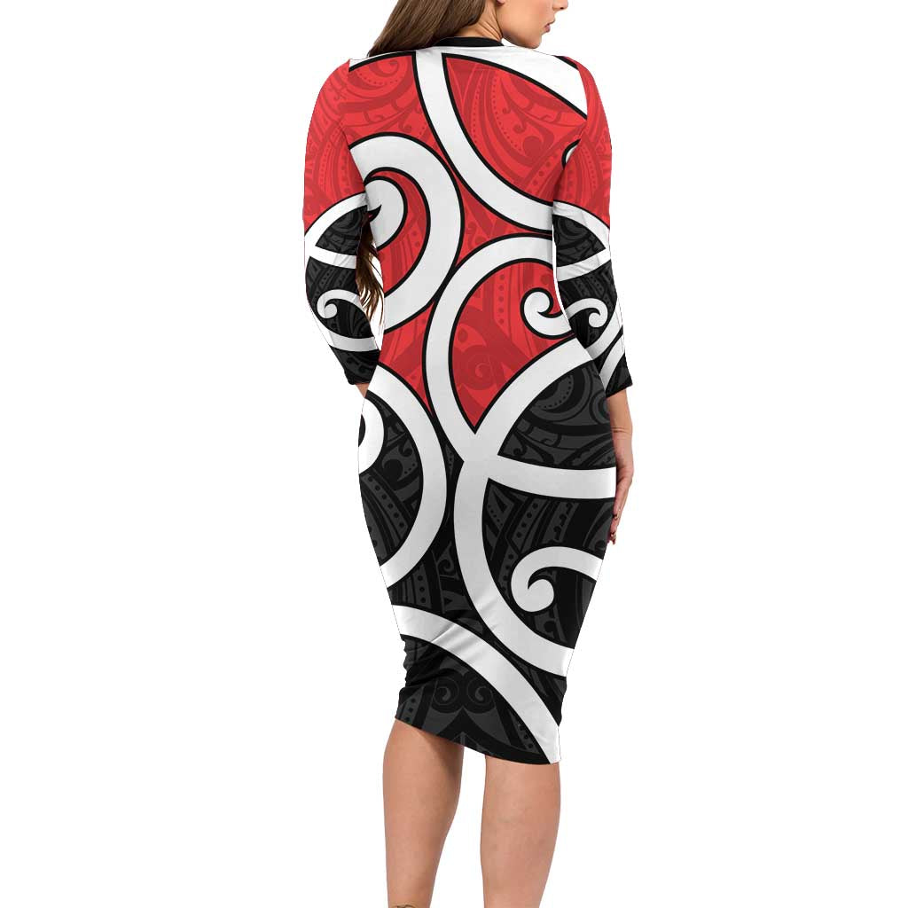 New Zealand Long Sleeve Bodycon Dress Maori Koru Tino Rangatiratanga Color - Aussie Hoodie