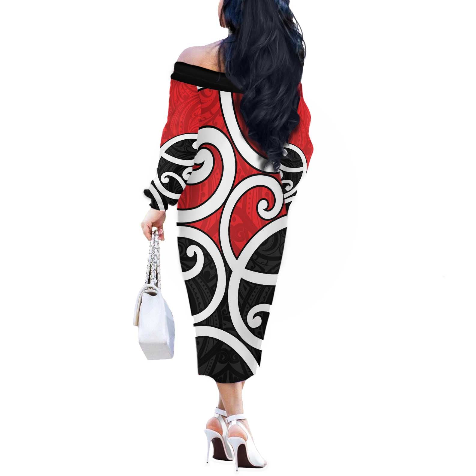 New Zealand Off The Shoulder Long Sleeve Dress Maori Koru Tino Rangatiratanga Color - Aussie Hoodie