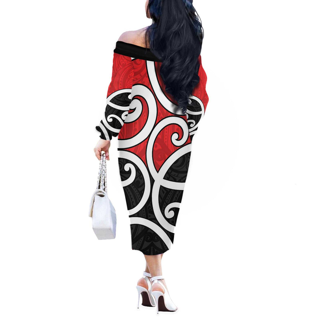 New Zealand Off The Shoulder Long Sleeve Dress Maori Koru Tino Rangatiratanga Color - Aussie Hoodie