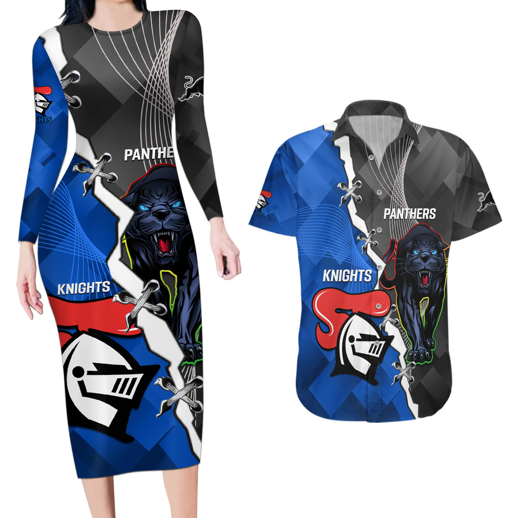 personalised-panthers-and-knights-rugby-couples-matching-long-sleeve-bodycon-dress-and-hawaiian-shirt-2023-sporty-style