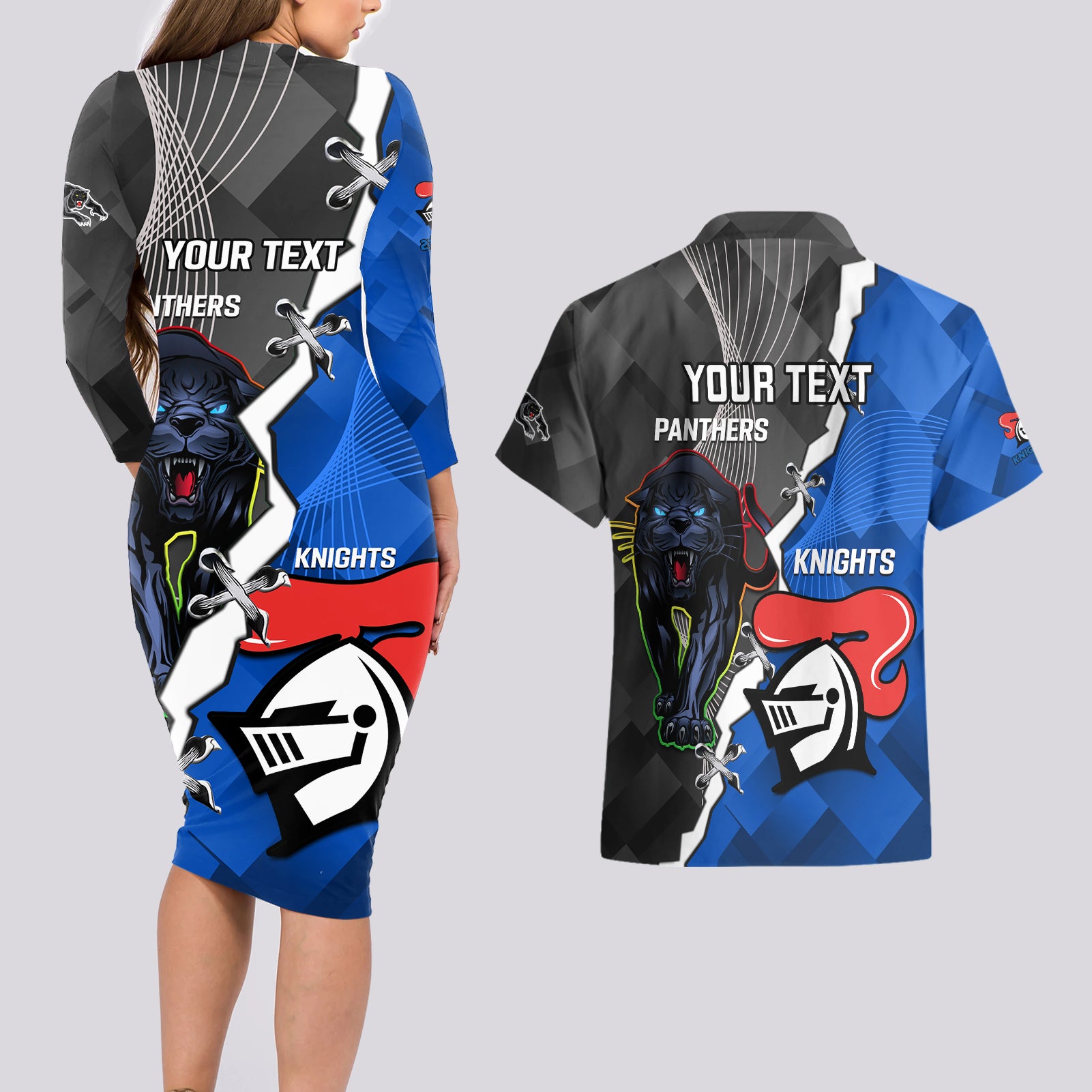 personalised-panthers-and-knights-rugby-couples-matching-long-sleeve-bodycon-dress-and-hawaiian-shirt-2023-sporty-style