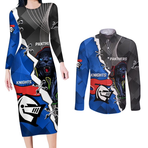 personalised-panthers-and-knights-rugby-couples-matching-long-sleeve-bodycon-dress-and-long-sleeve-button-shirts-2023-sporty-style