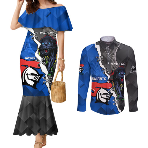 personalised-panthers-and-knights-rugby-couples-matching-mermaid-dress-and-long-sleeve-button-shirts-2023-sporty-style