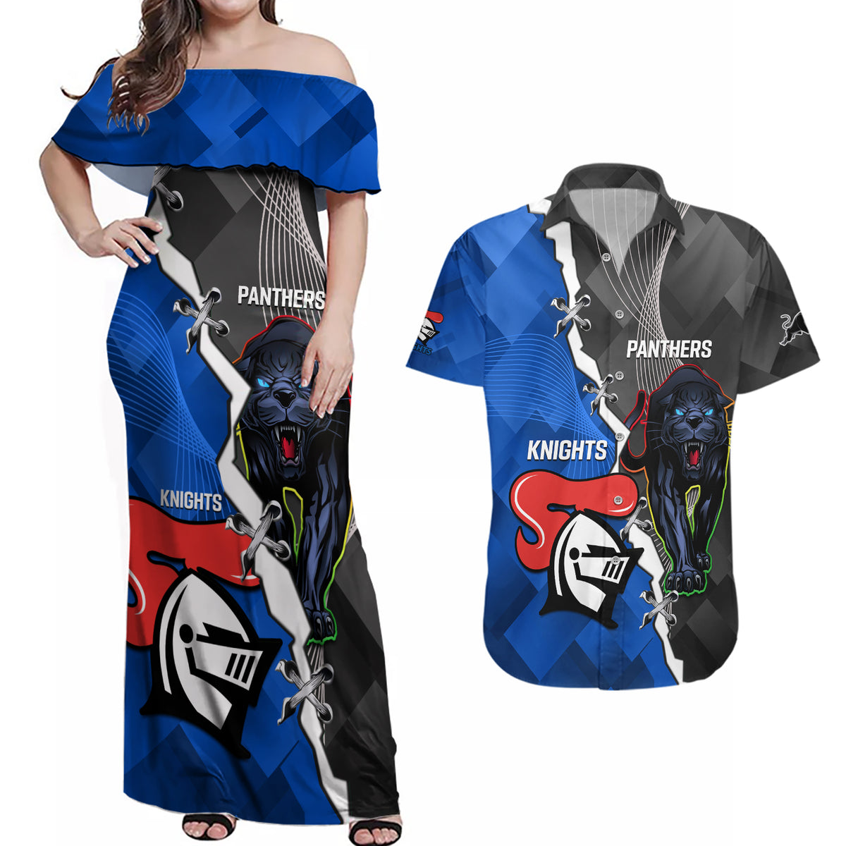 personalised-panthers-and-knights-rugby-couples-matching-off-shoulder-maxi-dress-and-hawaiian-shirt-2023-sporty-style