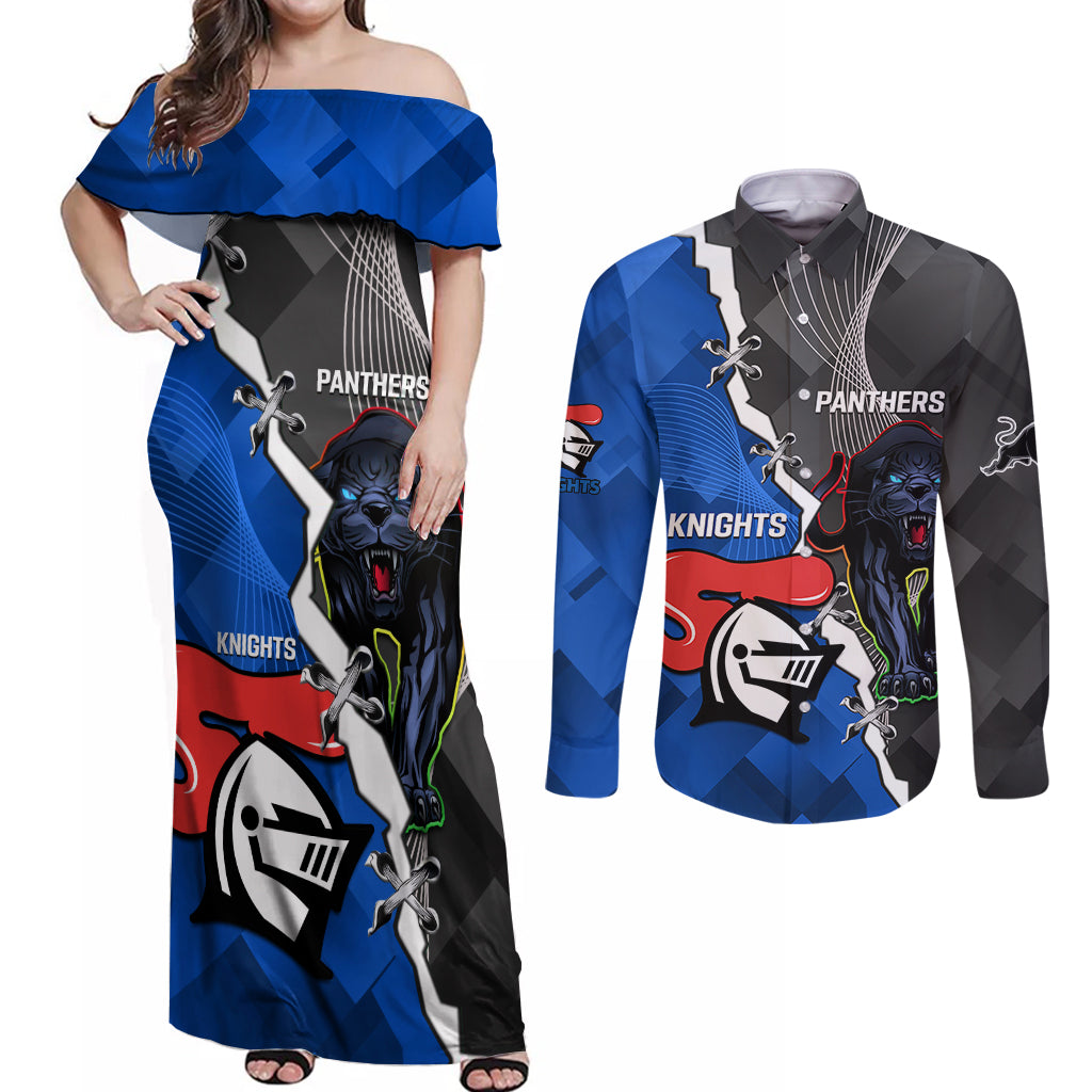 personalised-panthers-and-knights-rugby-couples-matching-off-shoulder-maxi-dress-and-long-sleeve-button-shirts-2023-sporty-style