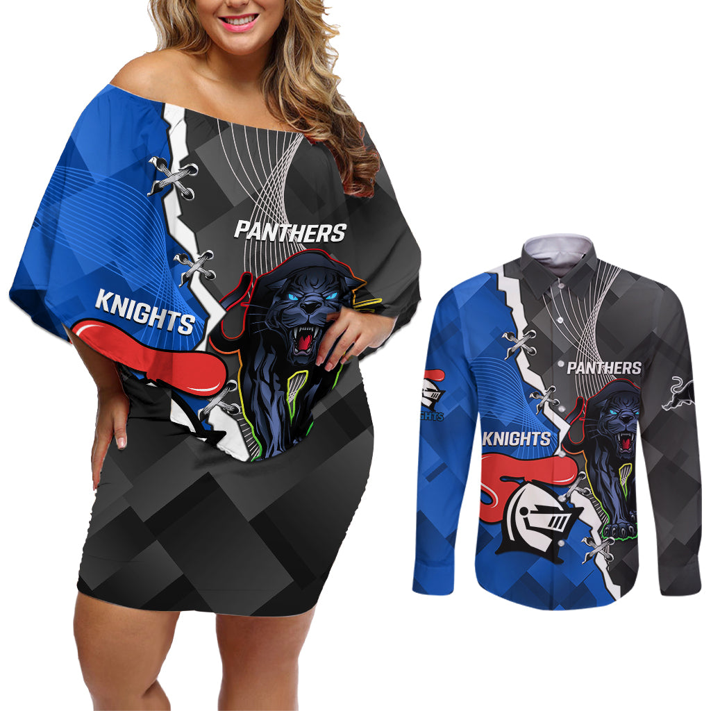 personalised-panthers-and-knights-rugby-couples-matching-off-shoulder-short-dress-and-long-sleeve-button-shirts-2023-sporty-style