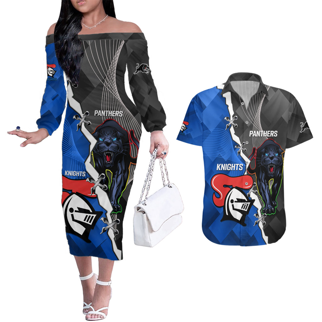 personalised-panthers-and-knights-rugby-couples-matching-off-the-shoulder-long-sleeve-dress-and-hawaiian-shirt-2023-sporty-style