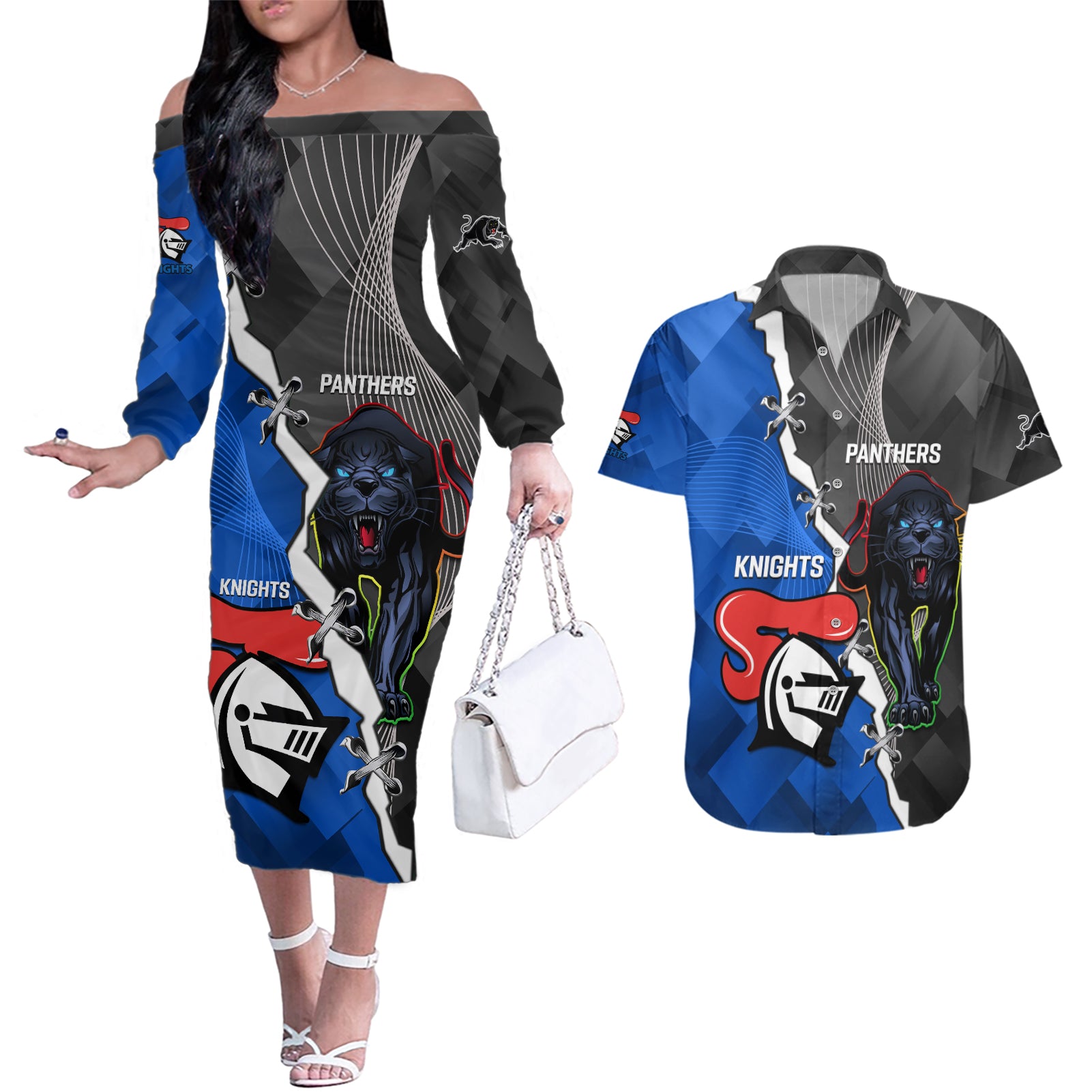 personalised-panthers-and-knights-rugby-couples-matching-off-the-shoulder-long-sleeve-dress-and-hawaiian-shirt-2023-sporty-style