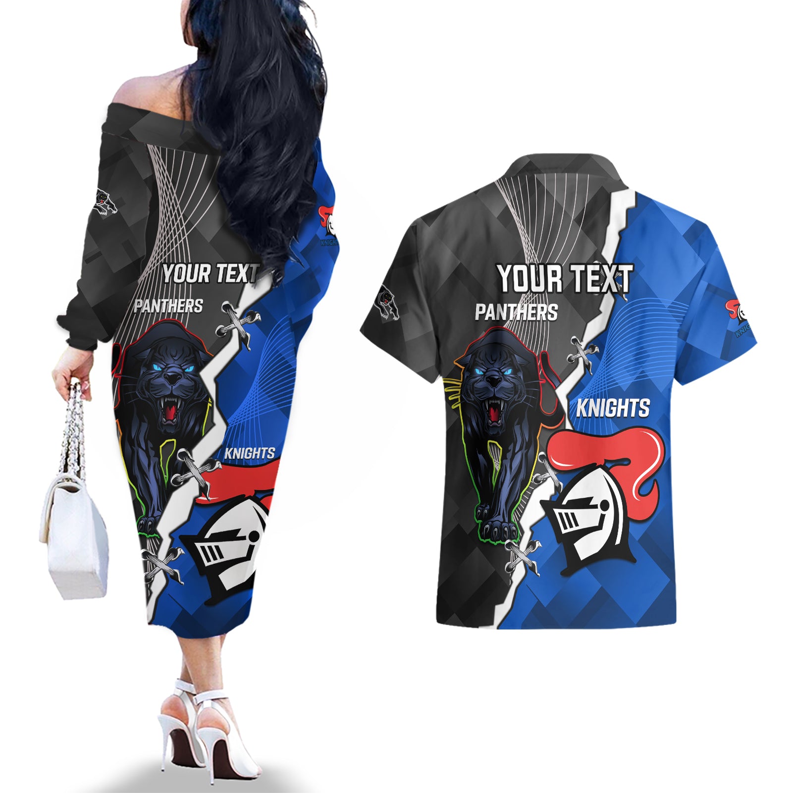 personalised-panthers-and-knights-rugby-couples-matching-off-the-shoulder-long-sleeve-dress-and-hawaiian-shirt-2023-sporty-style