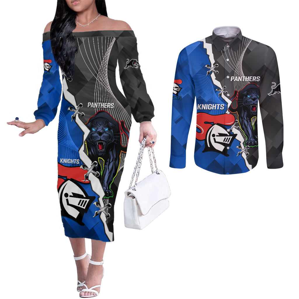 personalised-panthers-and-knights-rugby-couples-matching-off-the-shoulder-long-sleeve-dress-and-long-sleeve-button-shirts-2023-sporty-style