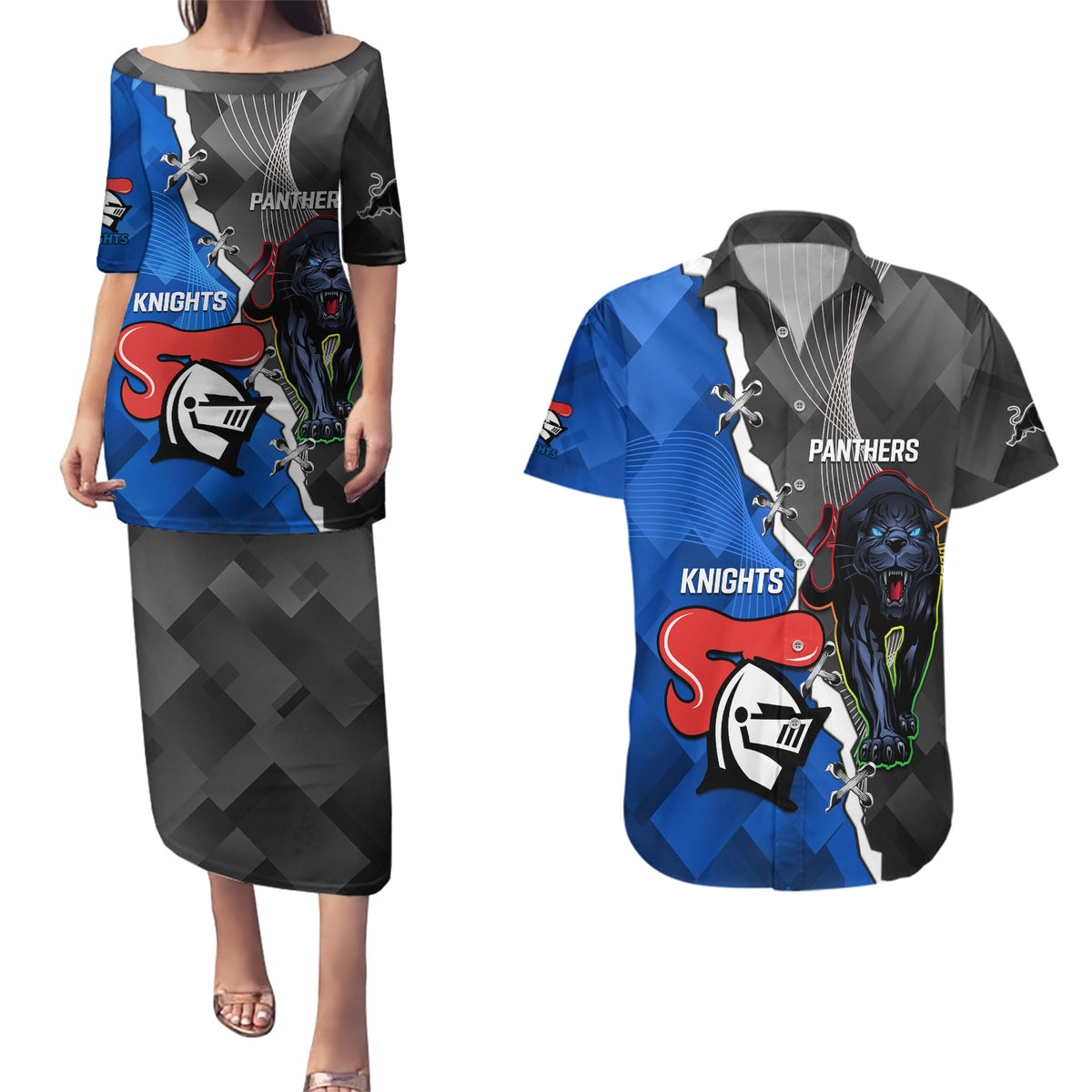 personalised-panthers-and-knights-rugby-couples-matching-puletasi-dress-and-hawaiian-shirt-2023-sporty-style