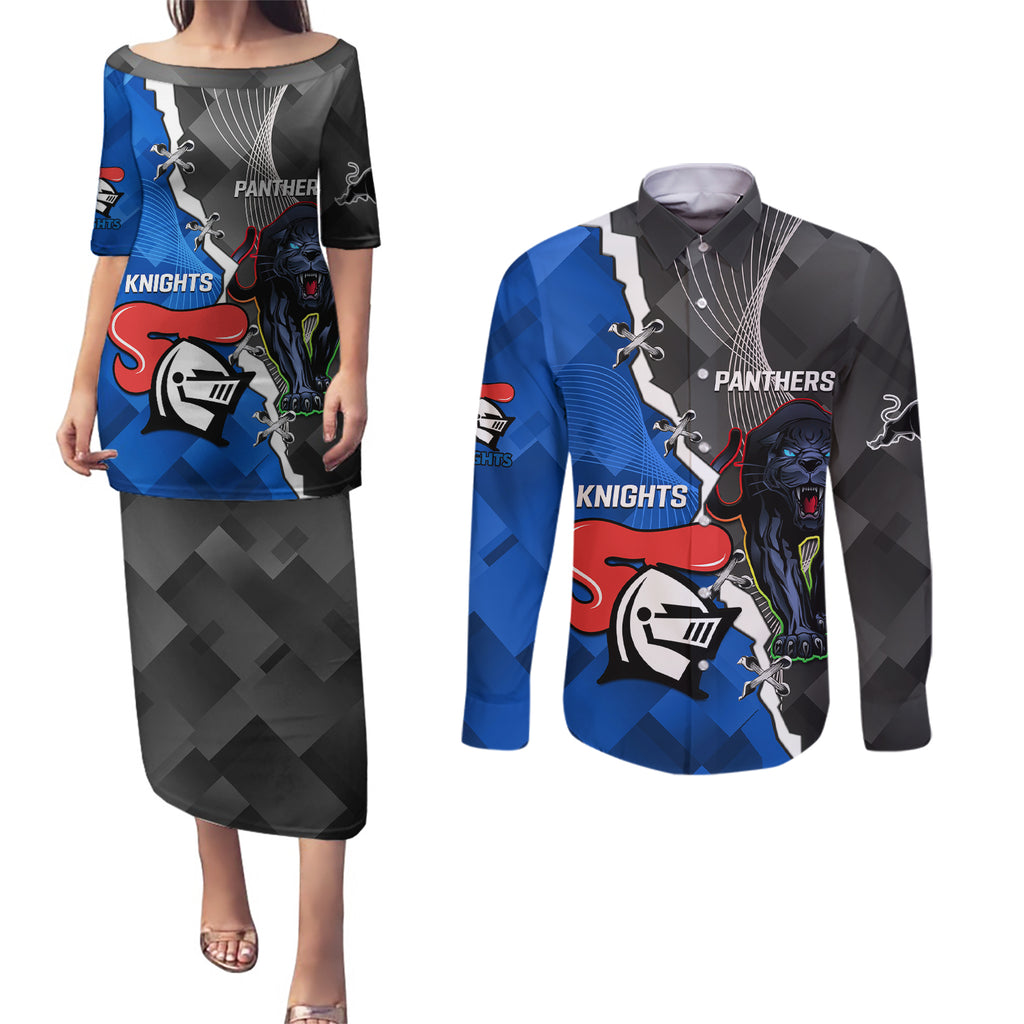 personalised-panthers-and-knights-rugby-couples-matching-puletasi-dress-and-long-sleeve-button-shirts-2023-sporty-style