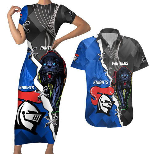personalised-panthers-and-knights-rugby-couples-matching-short-sleeve-bodycon-dress-and-hawaiian-shirt-2023-sporty-style