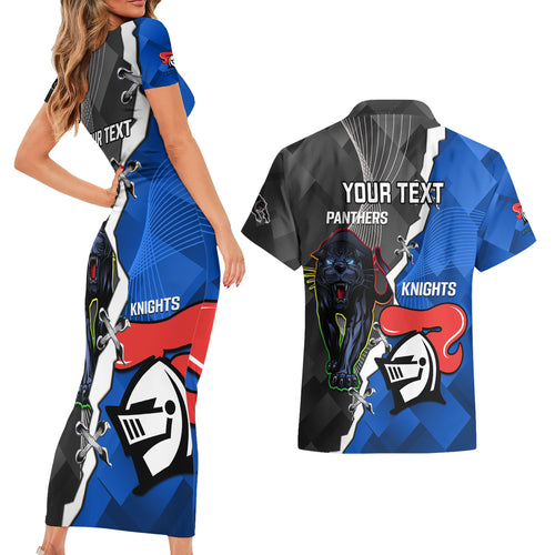 personalised-panthers-and-knights-rugby-couples-matching-short-sleeve-bodycon-dress-and-hawaiian-shirt-2023-sporty-style