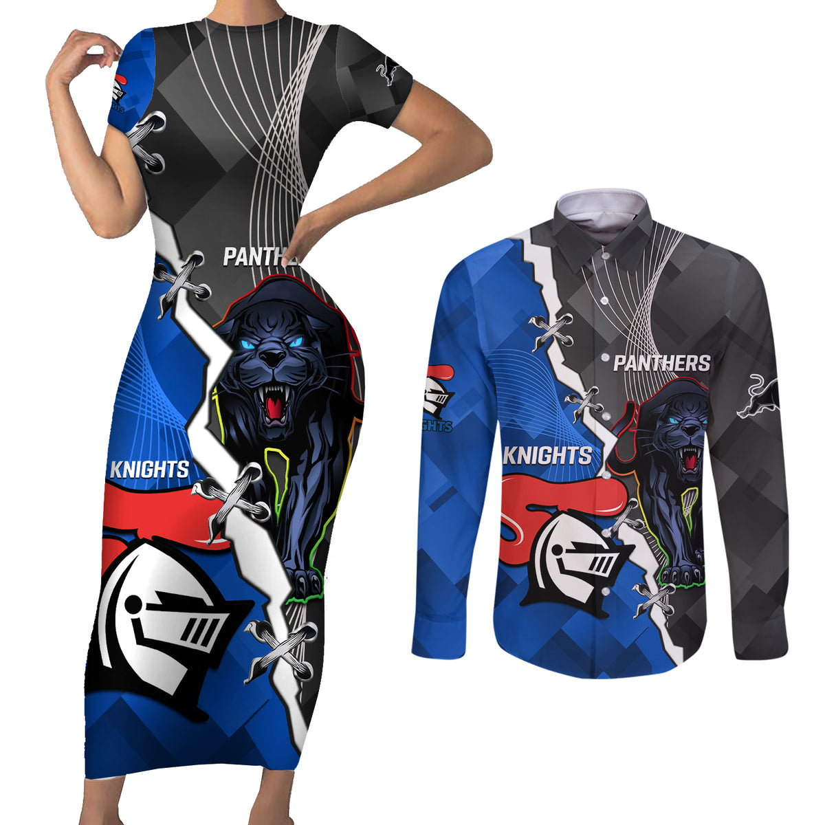 personalised-panthers-and-knights-rugby-couples-matching-short-sleeve-bodycon-dress-and-long-sleeve-button-shirts-2023-sporty-style