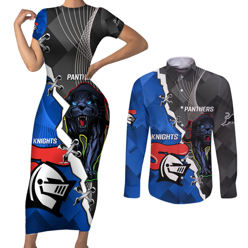 personalised-panthers-and-knights-rugby-couples-matching-short-sleeve-bodycon-dress-and-long-sleeve-button-shirts-2023-sporty-style