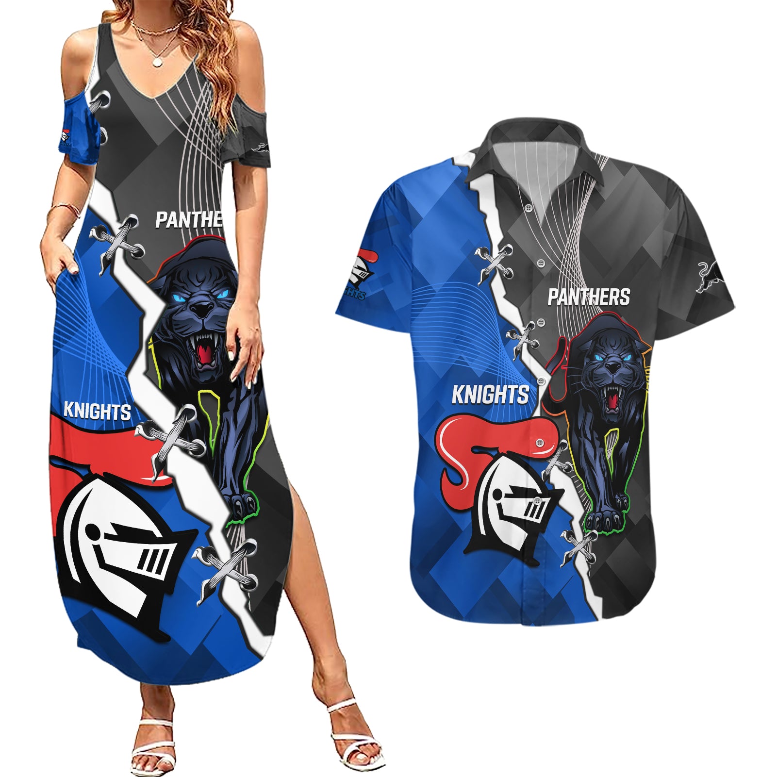 personalised-panthers-and-knights-rugby-couples-matching-summer-maxi-dress-and-hawaiian-shirt-2023-sporty-style