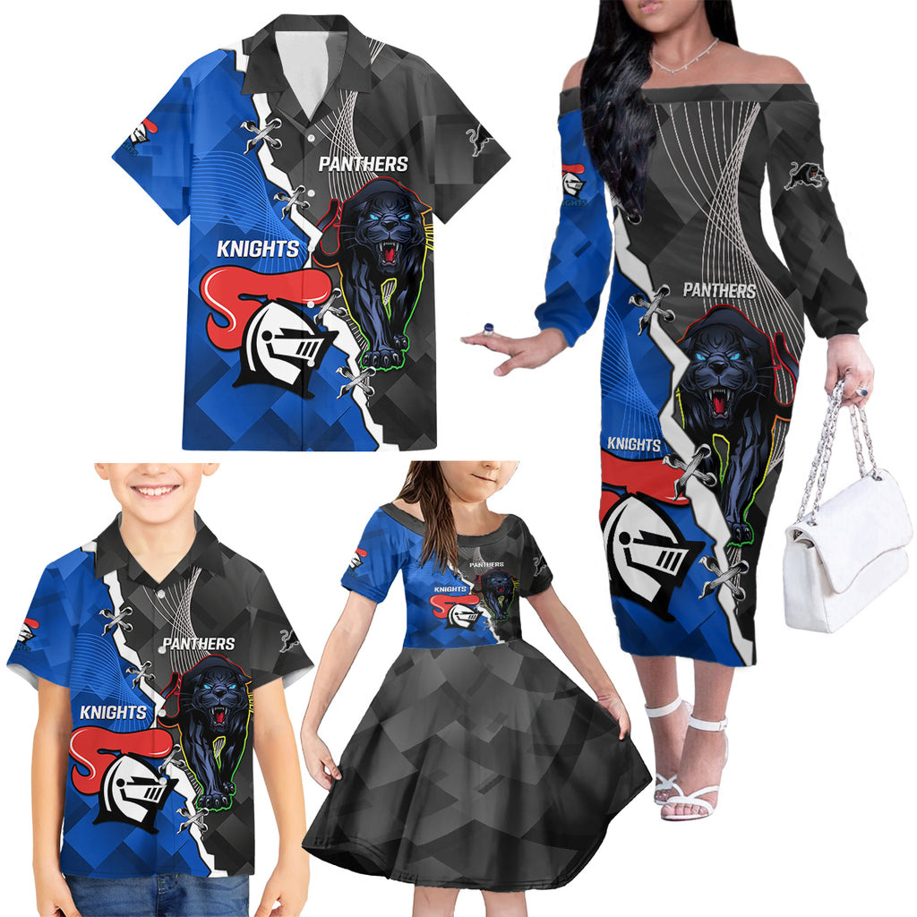 personalised-panthers-and-knights-rugby-family-matching-off-shoulder-long-sleeve-dress-and-hawaiian-shirt-2023-sporty-style