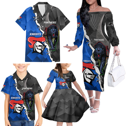 personalised-panthers-and-knights-rugby-family-matching-off-shoulder-long-sleeve-dress-and-hawaiian-shirt-2023-sporty-style