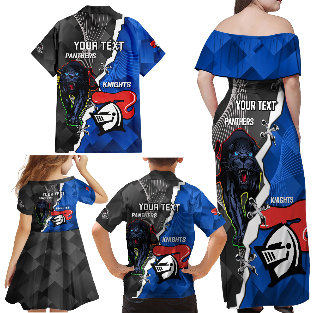 personalised-panthers-and-knights-rugby-family-matching-off-shoulder-long-sleeve-dress-and-hawaiian-shirt-2023-sporty-style