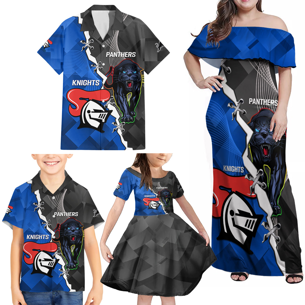 personalised-panthers-and-knights-rugby-family-matching-off-shoulder-maxi-dress-and-hawaiian-shirt-2023-sporty-style