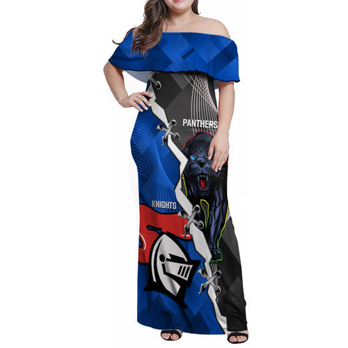 personalised-panthers-and-knights-rugby-family-matching-off-shoulder-maxi-dress-and-hawaiian-shirt-2023-sporty-style