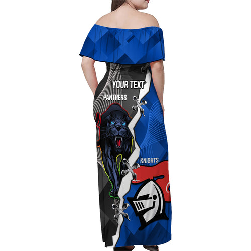 personalised-panthers-and-knights-rugby-family-matching-off-shoulder-maxi-dress-and-hawaiian-shirt-2023-sporty-style