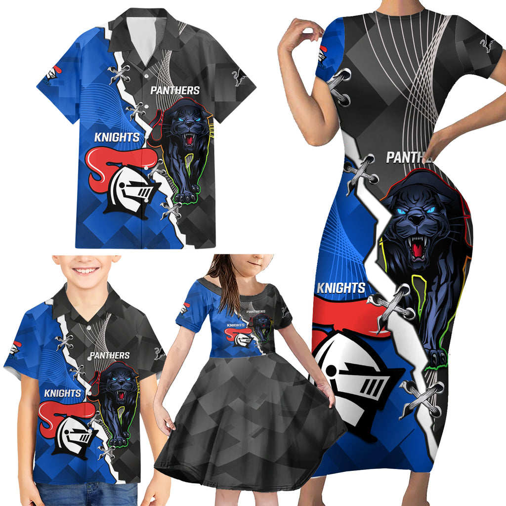 personalised-panthers-and-knights-rugby-family-matching-short-sleeve-bodycon-dress-and-hawaiian-shirt-2023-sporty-style
