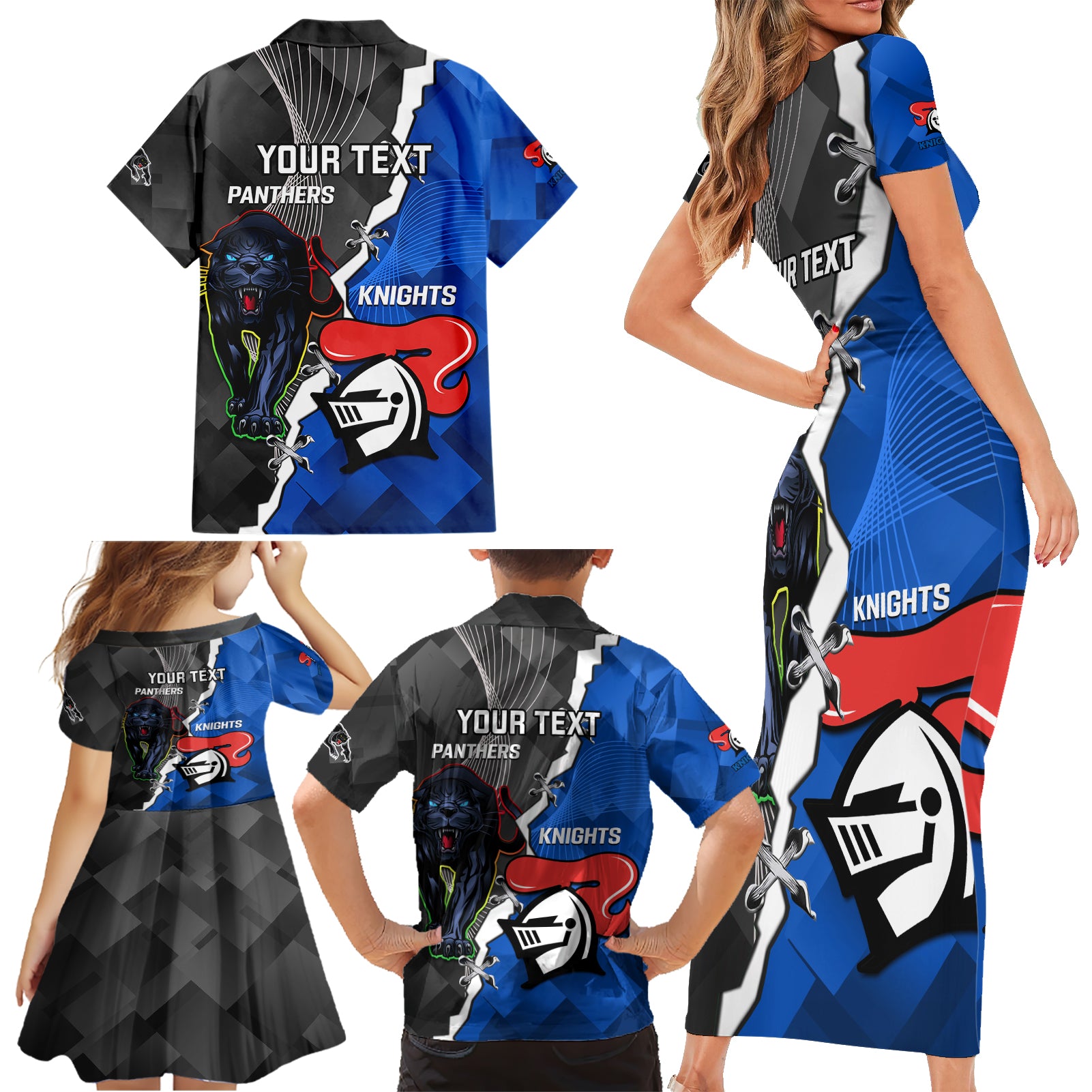 personalised-panthers-and-knights-rugby-family-matching-short-sleeve-bodycon-dress-and-hawaiian-shirt-2023-sporty-style