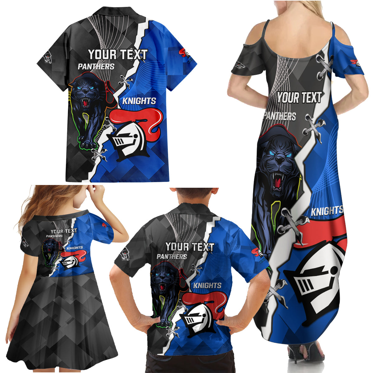 personalised-panthers-and-knights-rugby-family-matching-summer-maxi-dress-and-hawaiian-shirt-2023-sporty-style