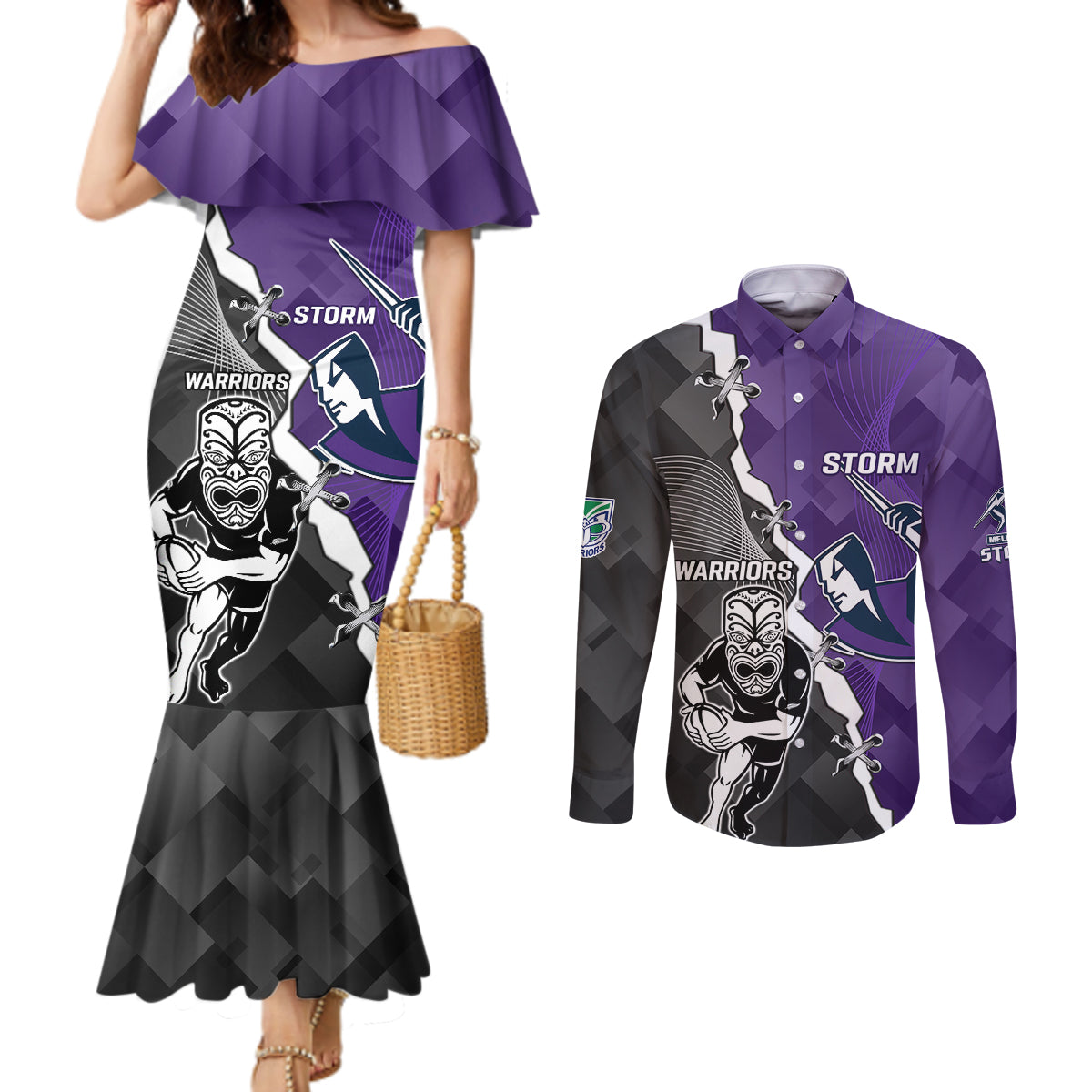 personalised-storm-and-warriors-rugby-couples-matching-mermaid-dress-and-long-sleeve-button-shirts-2023-sporty-style