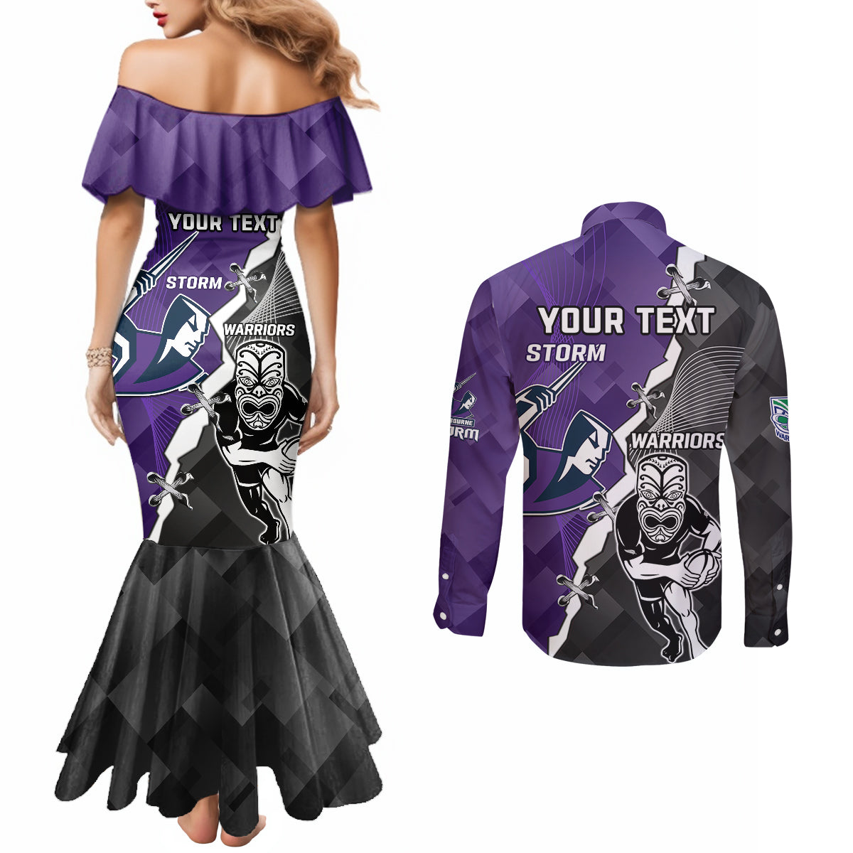 personalised-storm-and-warriors-rugby-couples-matching-mermaid-dress-and-long-sleeve-button-shirts-2023-sporty-style