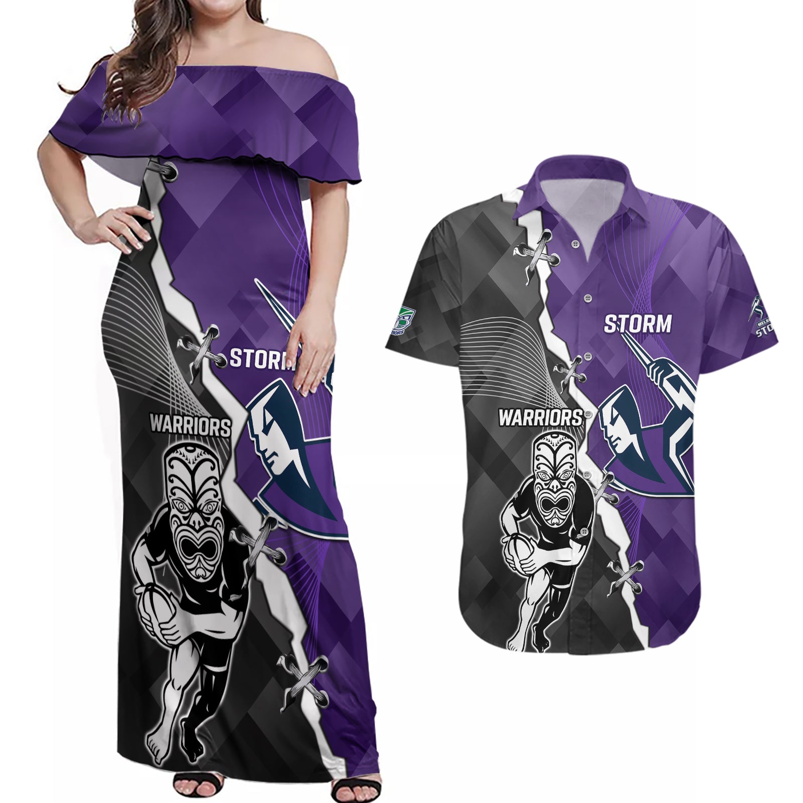 personalised-storm-and-warriors-rugby-couples-matching-off-shoulder-maxi-dress-and-hawaiian-shirt-2023-sporty-style