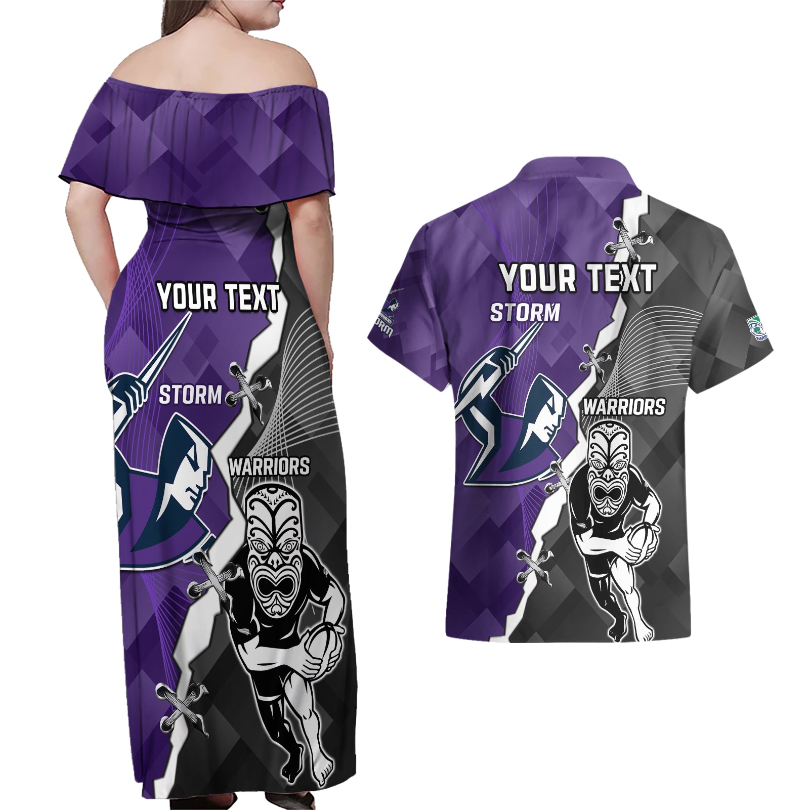 personalised-storm-and-warriors-rugby-couples-matching-off-shoulder-maxi-dress-and-hawaiian-shirt-2023-sporty-style