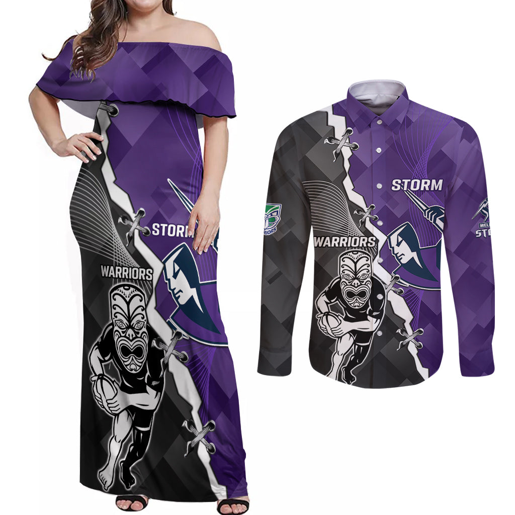 personalised-storm-and-warriors-rugby-couples-matching-off-shoulder-maxi-dress-and-long-sleeve-button-shirts-2023-sporty-style