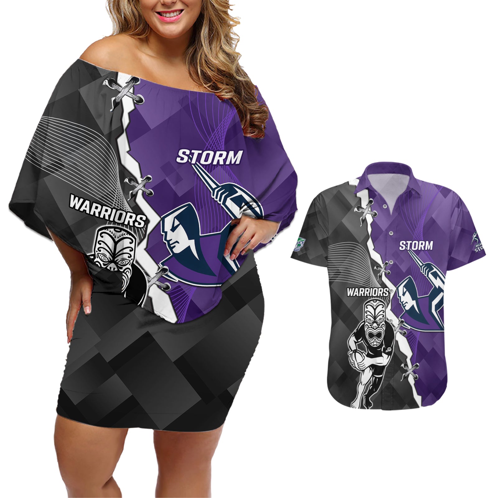 personalised-storm-and-warriors-rugby-couples-matching-off-shoulder-short-dress-and-hawaiian-shirt-2023-sporty-style