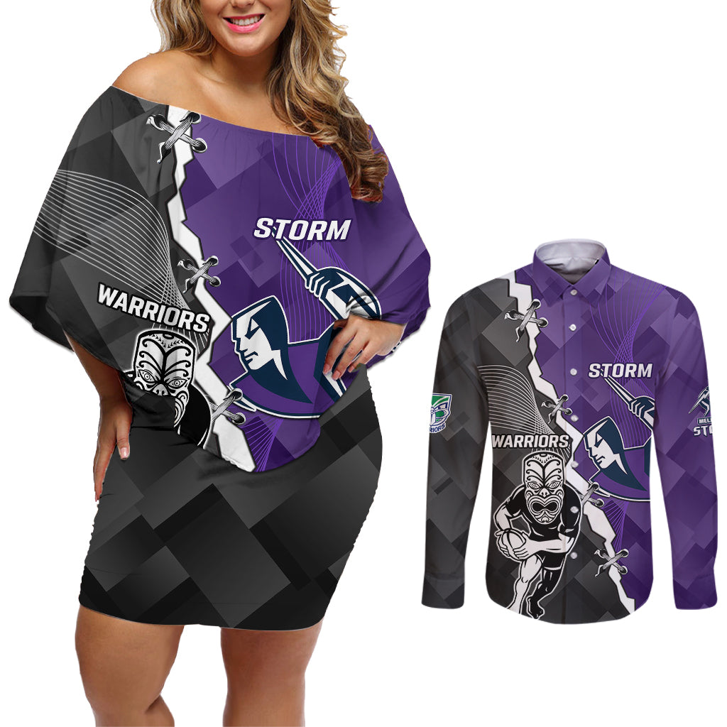 personalised-storm-and-warriors-rugby-couples-matching-off-shoulder-short-dress-and-long-sleeve-button-shirts-2023-sporty-style