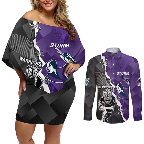 personalised-storm-and-warriors-rugby-couples-matching-off-shoulder-short-dress-and-long-sleeve-button-shirts-2023-sporty-style