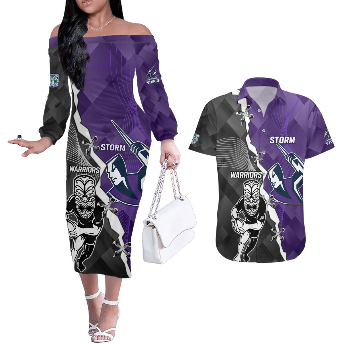 personalised-storm-and-warriors-rugby-couples-matching-off-the-shoulder-long-sleeve-dress-and-hawaiian-shirt-2023-sporty-style