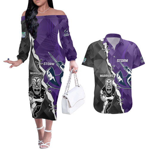 personalised-storm-and-warriors-rugby-couples-matching-off-the-shoulder-long-sleeve-dress-and-hawaiian-shirt-2023-sporty-style