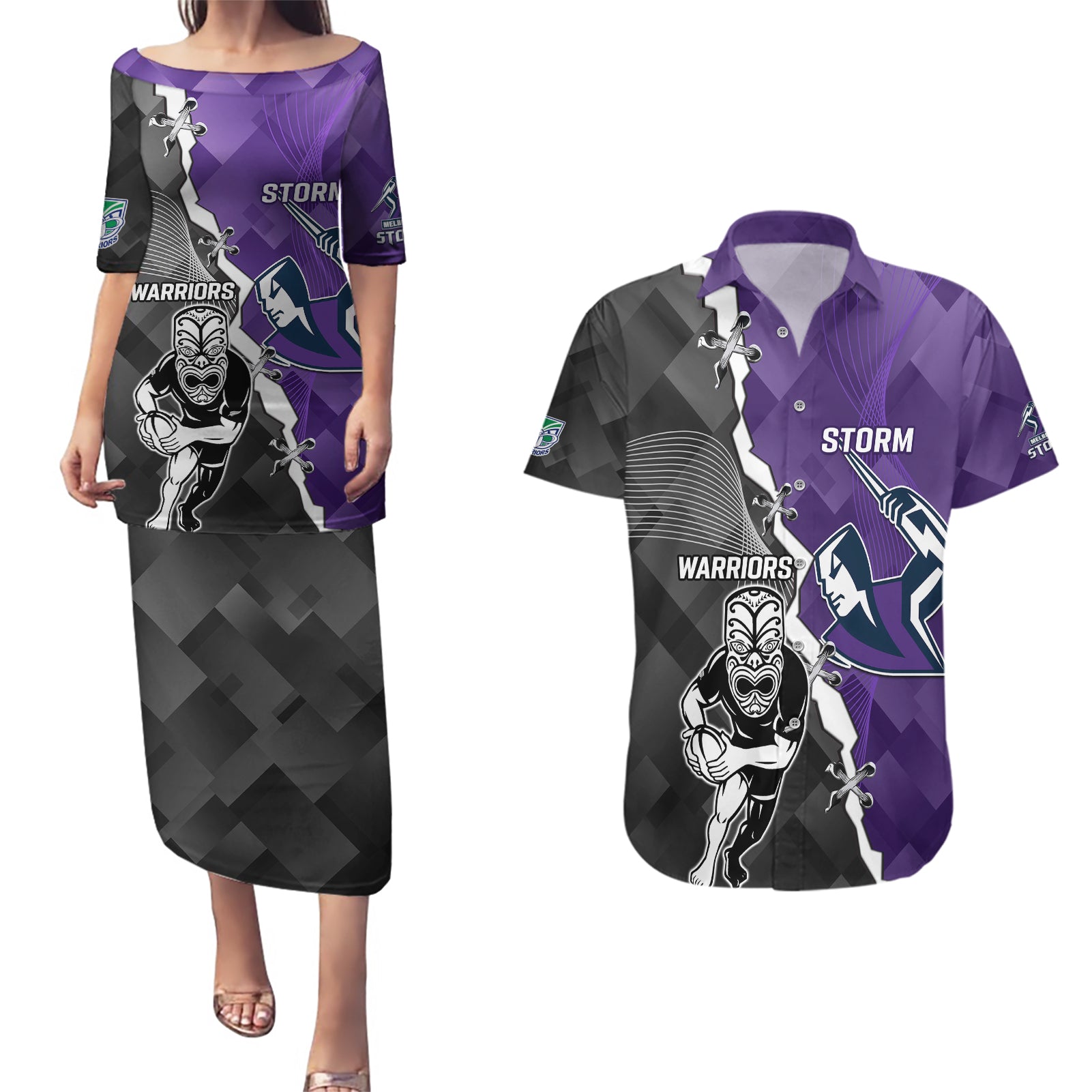 personalised-storm-and-warriors-rugby-couples-matching-puletasi-dress-and-hawaiian-shirt-2023-sporty-style