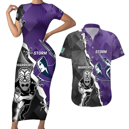 personalised-storm-and-warriors-rugby-couples-matching-short-sleeve-bodycon-dress-and-hawaiian-shirt-2023-sporty-style