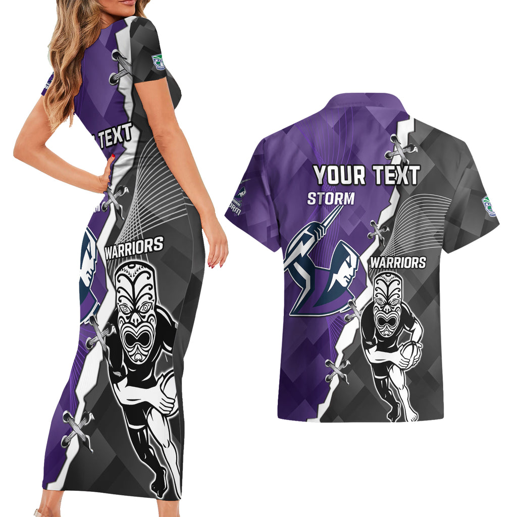 personalised-storm-and-warriors-rugby-couples-matching-short-sleeve-bodycon-dress-and-hawaiian-shirt-2023-sporty-style
