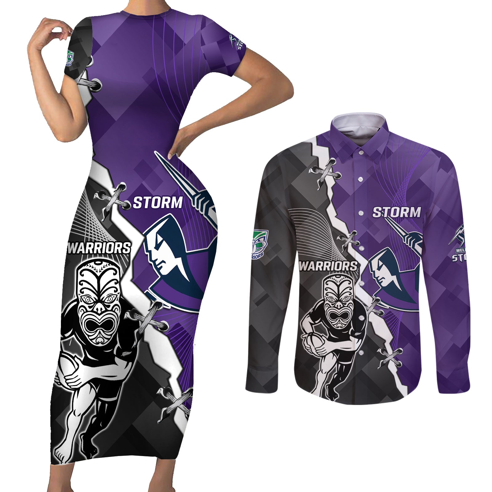 personalised-storm-and-warriors-rugby-couples-matching-short-sleeve-bodycon-dress-and-long-sleeve-button-shirts-2023-sporty-style