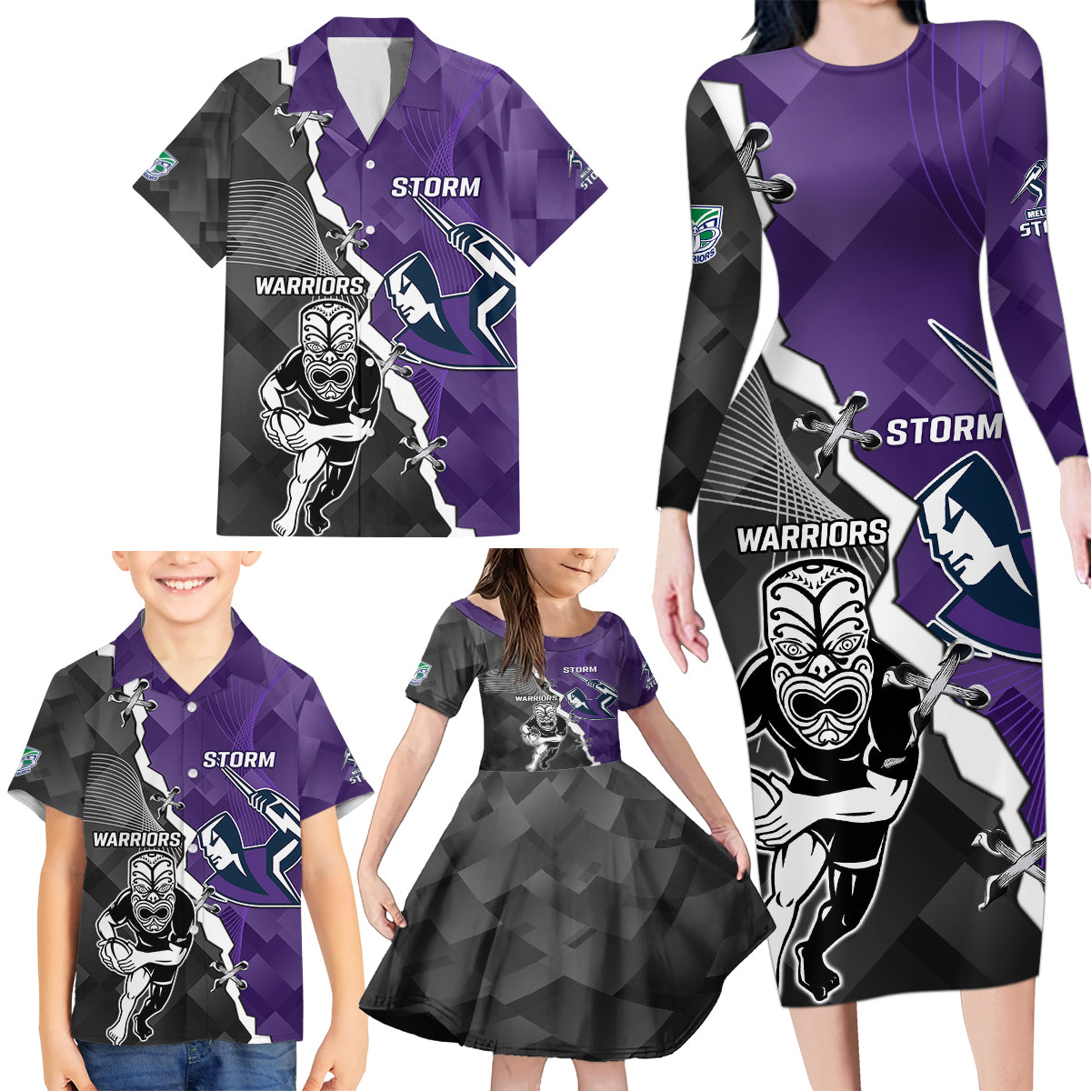 personalised-storm-and-warriors-rugby-family-matching-long-sleeve-bodycon-dress-and-hawaiian-shirt-2023-sporty-style