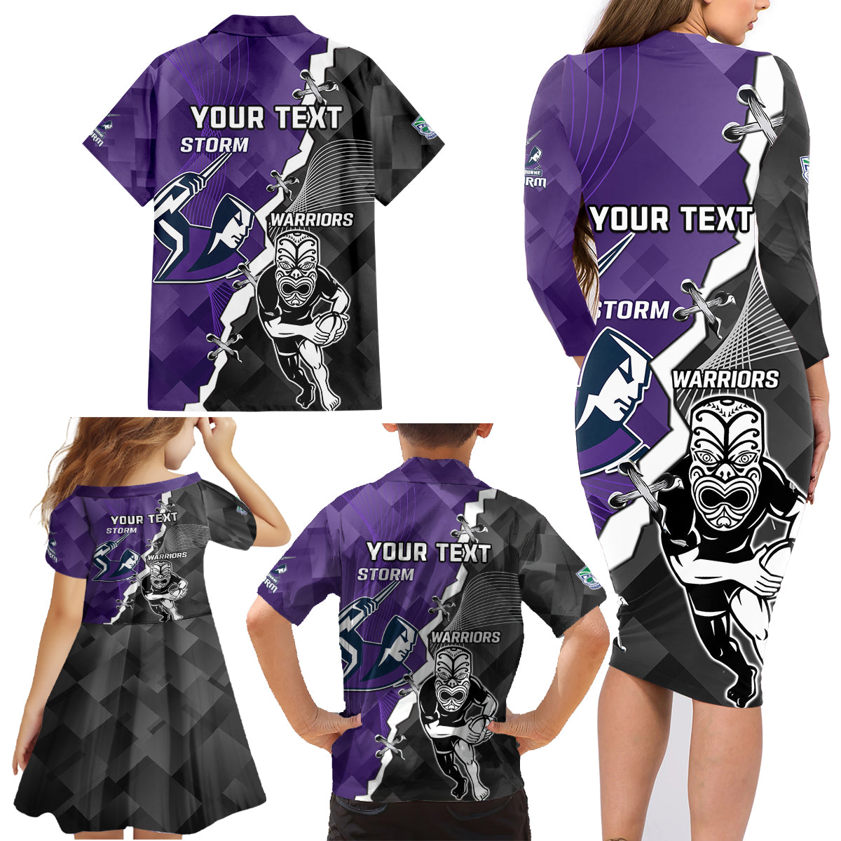 personalised-storm-and-warriors-rugby-family-matching-long-sleeve-bodycon-dress-and-hawaiian-shirt-2023-sporty-style