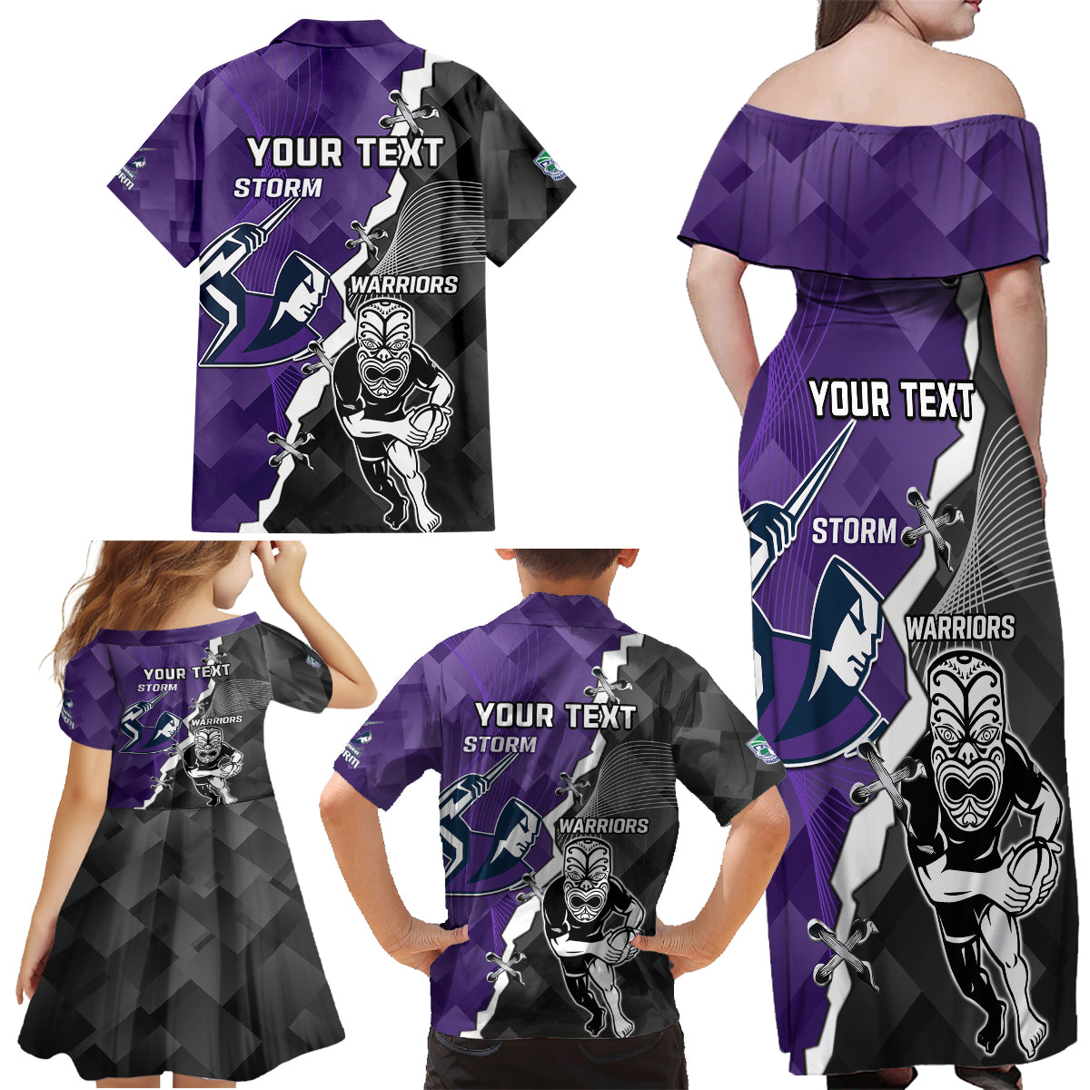 personalised-storm-and-warriors-rugby-family-matching-off-shoulder-maxi-dress-and-hawaiian-shirt-2023-sporty-style